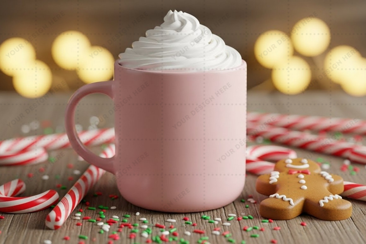 Holiday-themed mug mockup with whipped cream
