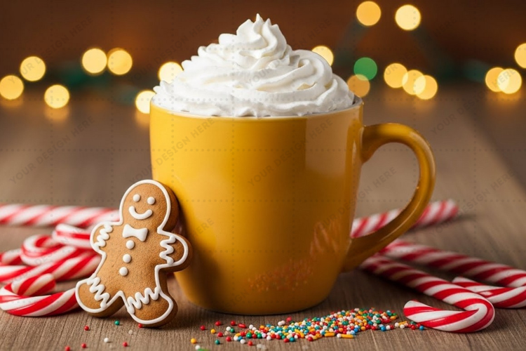 Cozy holiday mug mockup with whipped cream and gingerbread