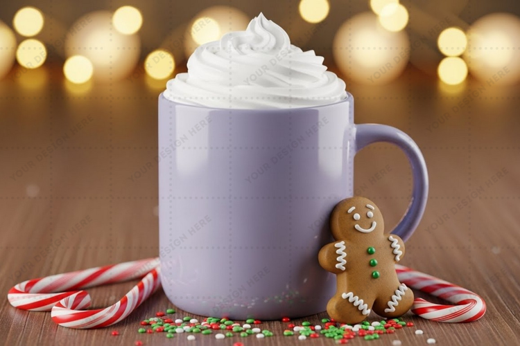 Holiday-themed mug with whipped cream and gingerbread man