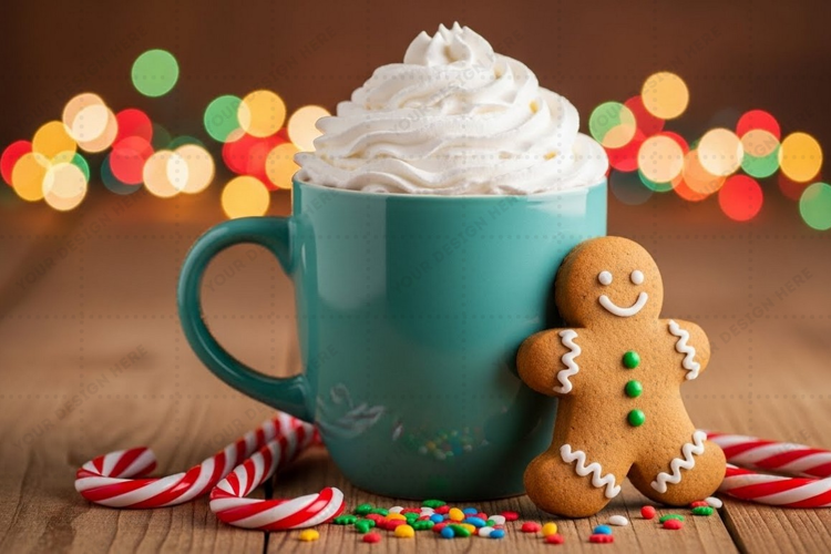 Holiday-themed mug mockup with gingerbread cookie