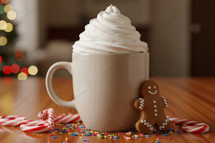 Cozy holiday mug with whipped cream and gingerbread man