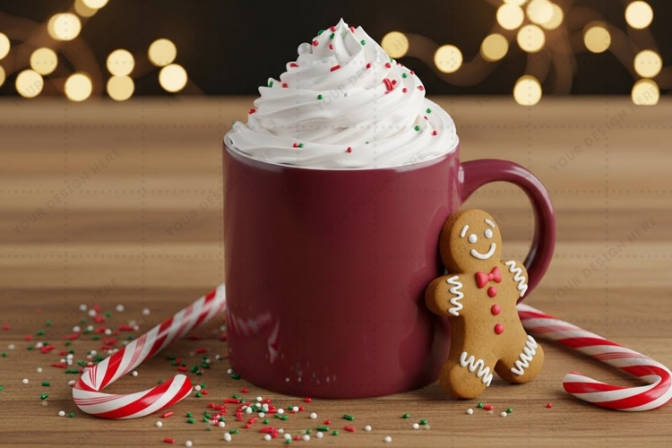 Holiday-themed mug with gingerbread man and whipped cream