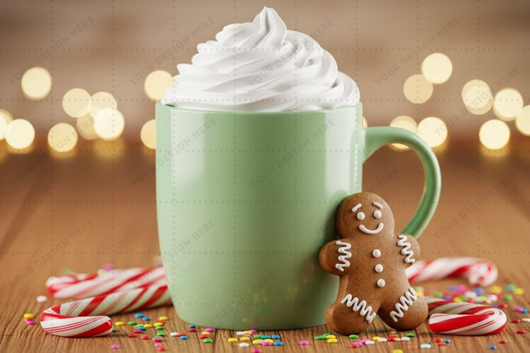 Holiday mug mockup with whipped cream and gingerbread cookie example image 1