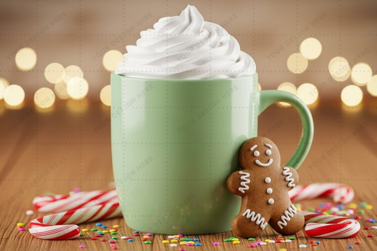 Holiday mug mockup with whipped cream and gingerbread cookie