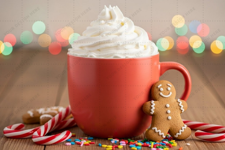 Holiday-themed red mug with whipped cream and gingerbread co