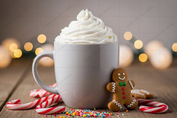 Holiday-themed mug with gingerbread man and candy canes example image 1
