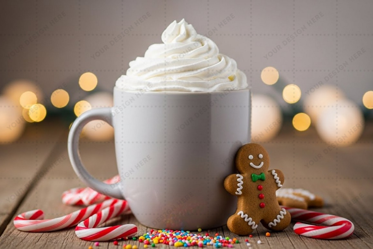 Holiday-themed mug with gingerbread man and candy canes