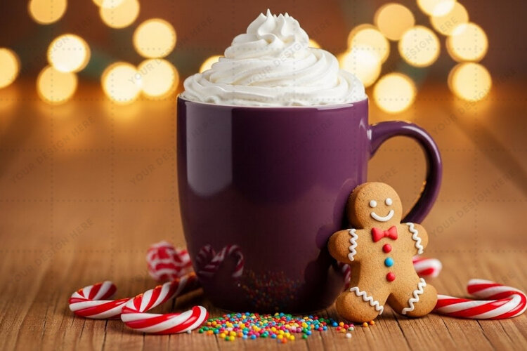 Holiday mug mockup with hot chocolate and gingerbread man example image 1