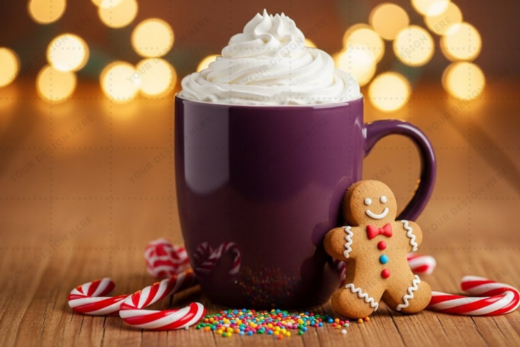 Holiday mug mockup with hot chocolate and gingerbread man
