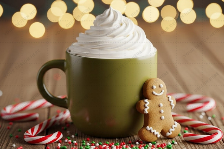 Holiday-themed mug with gingerbread cookie and whipped cream