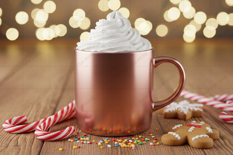 Holiday-themed hot chocolate mug mockup