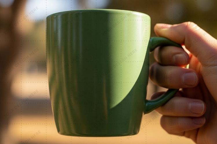 Green ceramic mug with comfortable handle mockup