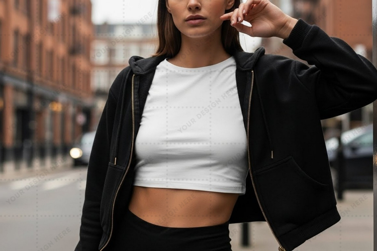Urban style white crop top t-shirt mockup design