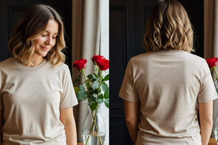 Minimalist beige with red roses T-shirt Mockup Design