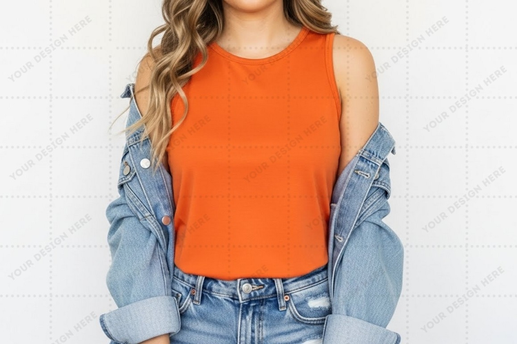 Bright orange cold shoulder denim jacket T-shirt Mockup Desi