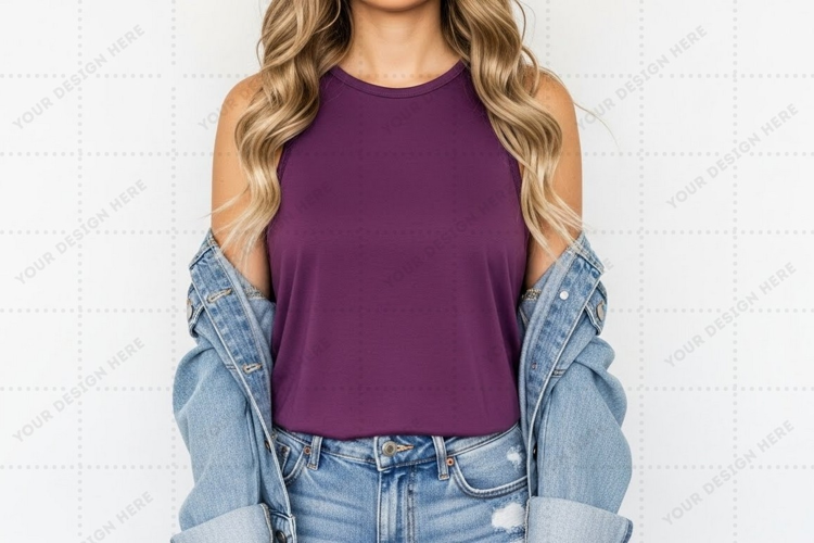 Purple with denim jacket T-shirt Mockup Design