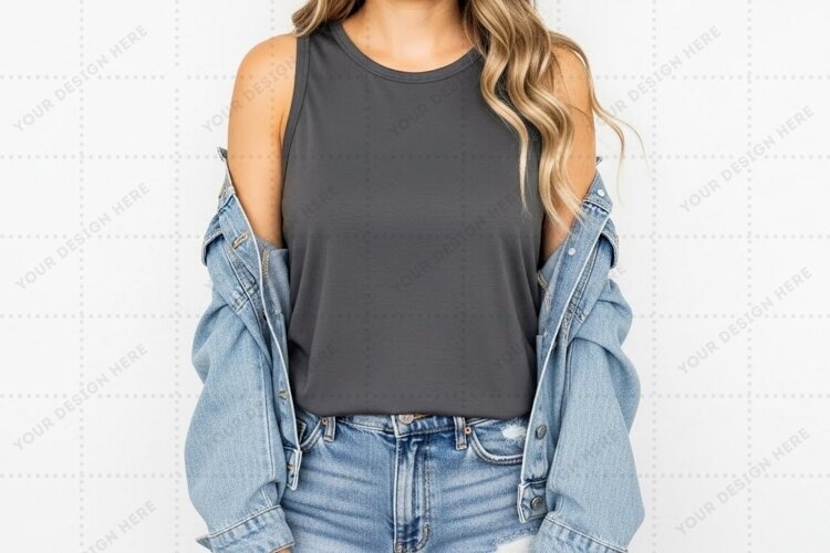 Cold shoulder gray denim jacket T-shirt Mockup Design example image 1