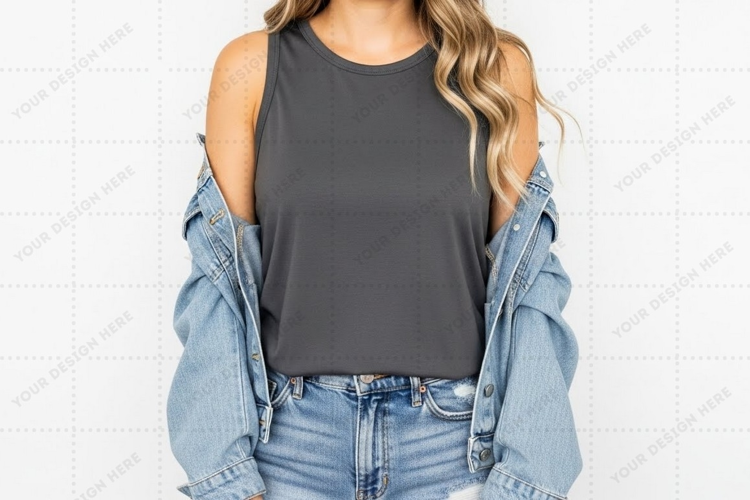 Cold shoulder gray denim jacket T-shirt Mockup Design
