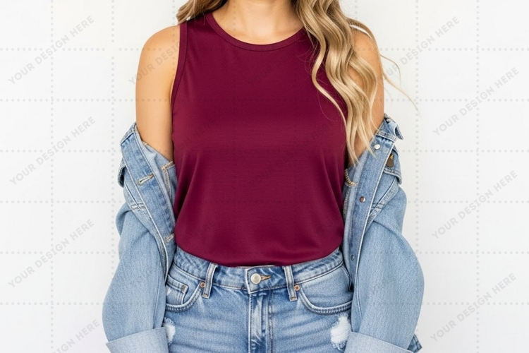 Burgundy cold shoulder denim jacket T-shirt Mockup Design