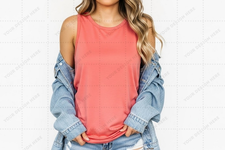 Pink cold shoulder denim jacket T-shirt Mockup Design