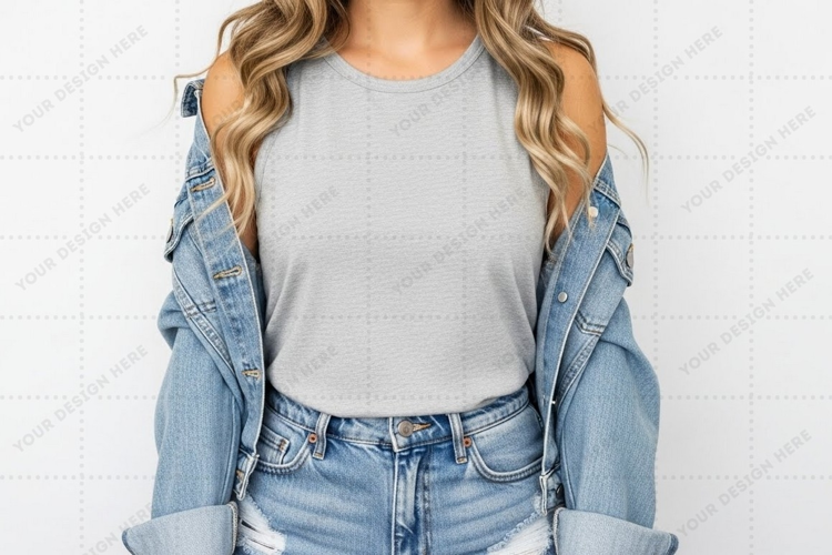 Casual light gray denim jacket T-shirt Mockup Design
