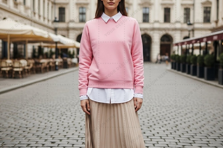 Pink sweater with white collar and beige pleated mockup
