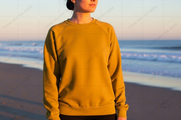 Mustard yellow t-shirt mockup on beach mockup