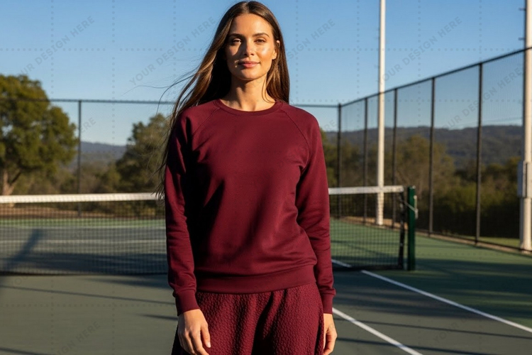 Womens maroon long-sleeve tennis t-shirt mockup
