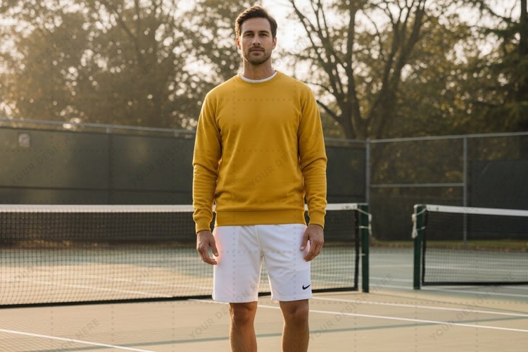 Mens tennis casual wear - yellow sweater and white shorts