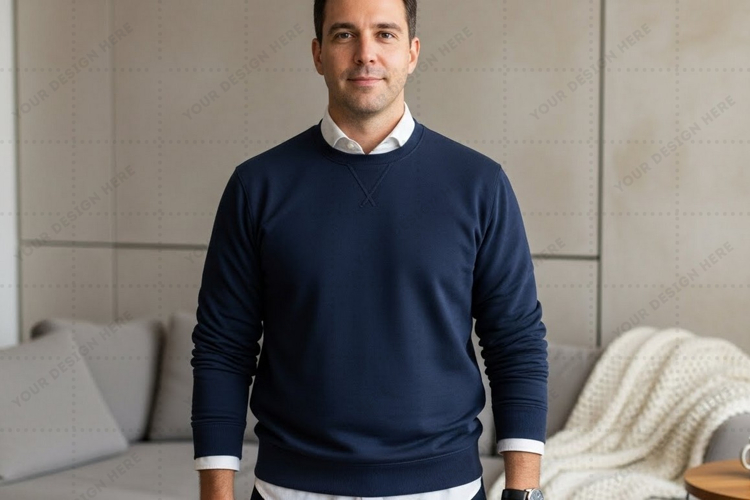 Mens navy blue crew neck sweatshirt with white mockup