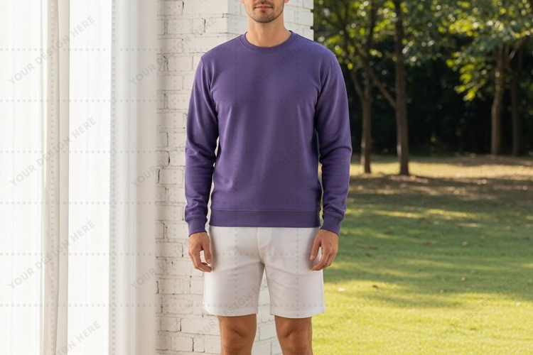 Mens casual purple sweatshirt with white shorts mockup