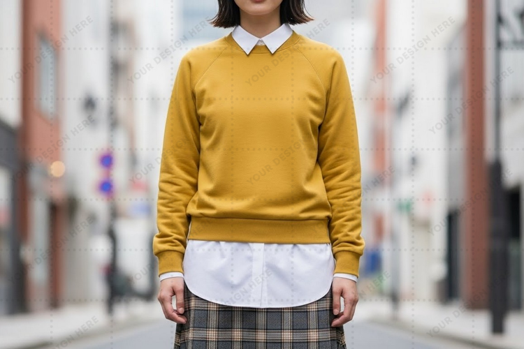 Mustard yellow sweater with white collar and plaid mockup