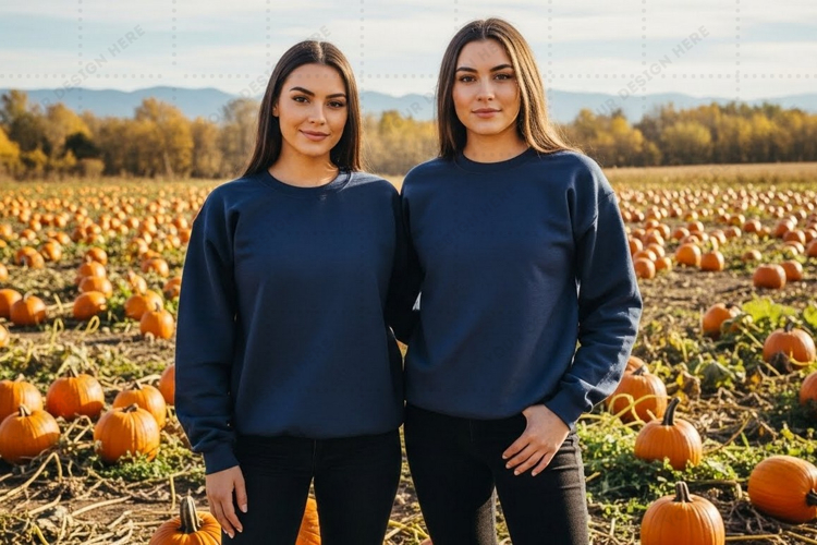 Womens navy blue sweatshirts in pumpkin patch mockup