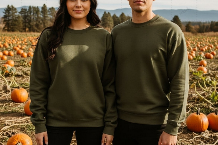 Olive green t-shirt mockup in pumpkin patch mockup