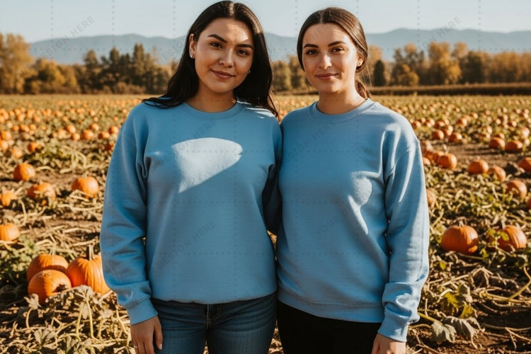 Autumn leaf sweatshirts in pumpkin patch mockup
