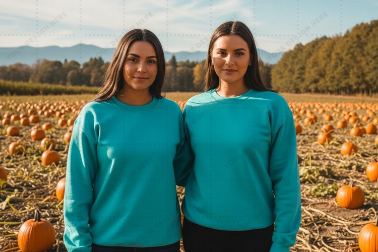 Women's blue long sleeve t-shirt in pumpkin patch mockup