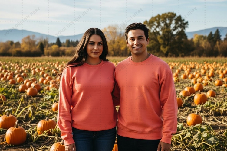Couple in matching peach t-shirts standing in a pumpkin