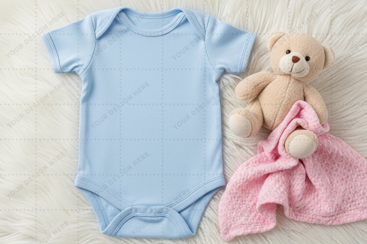 Blue baby onesie with teddy bear and blanket mockup