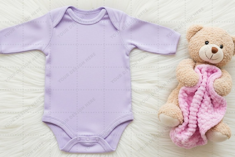 Purple baby onesie with teddy bear Mockup
