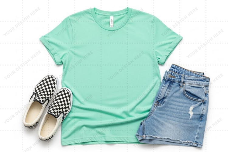 Casual summer outfit with mint green t-shirt mockup