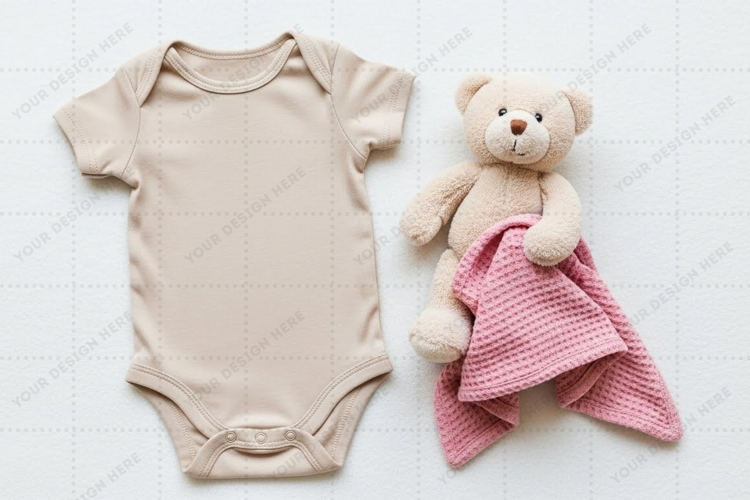 Cute baby onesie with teddy bear and blanket mockup