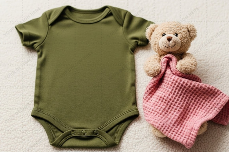 Green baby onesie with teddy bear and blanket mockup