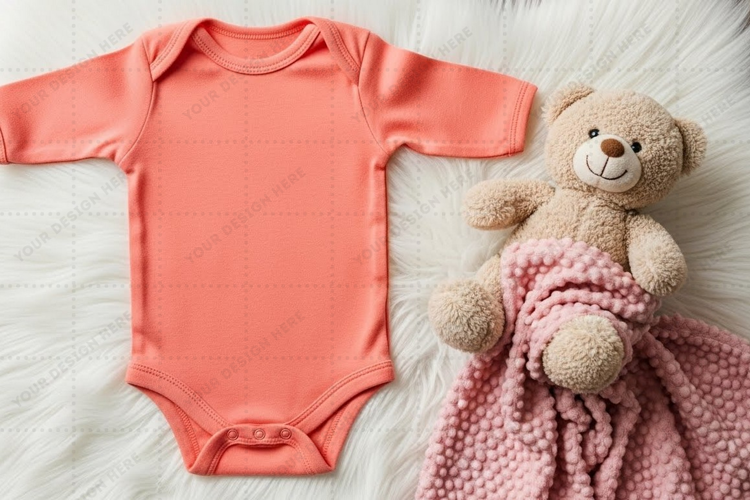 Coral baby onesie with teddy bear and blanket mockup