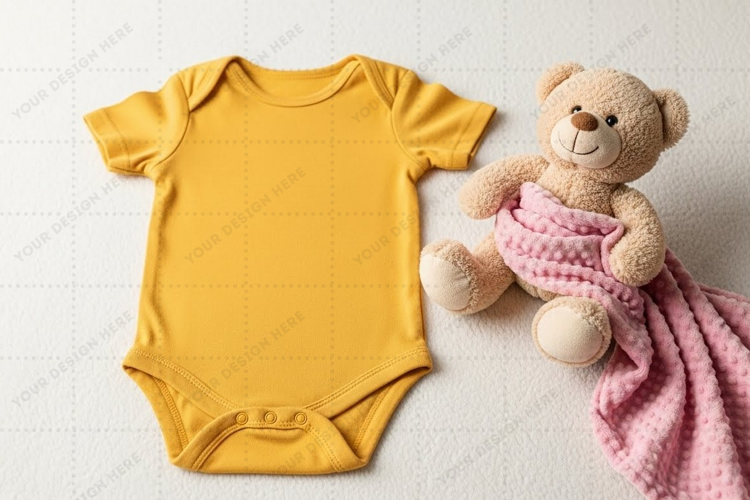 Mustard yellow baby onesie with teddy bear mockup