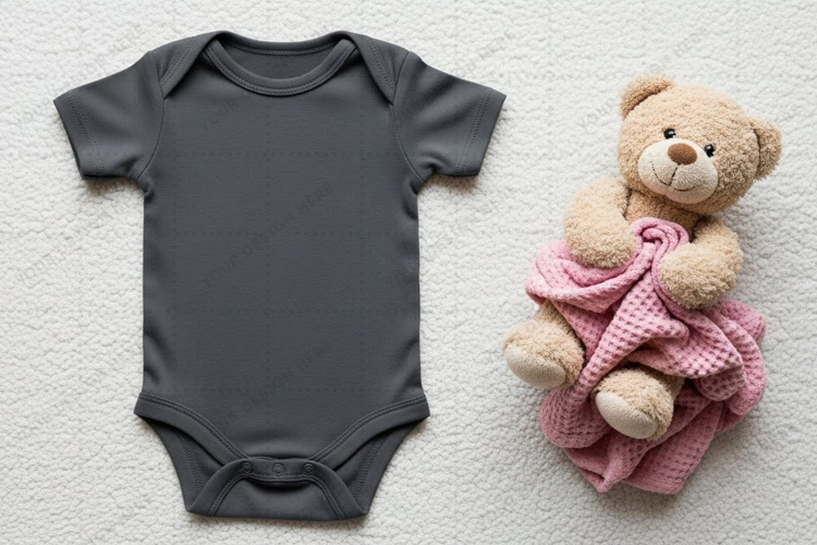 Gray baby onesie with teddy bear mockup