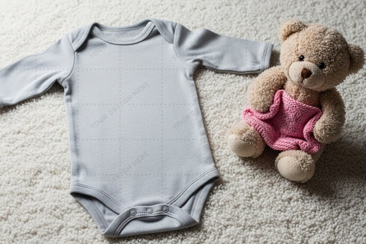 Gray baby onesie with stuffed bear mockup