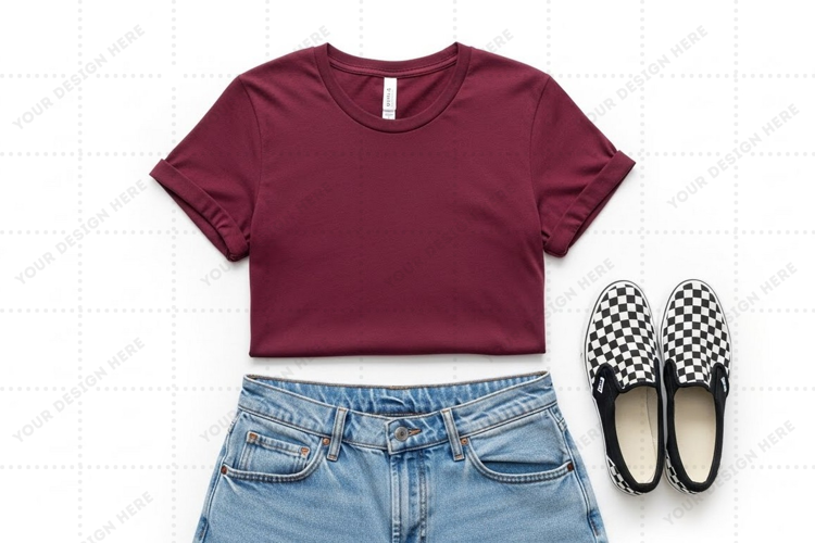 Maroon crop t-shirt with blue jeans and checkered shoes outf
