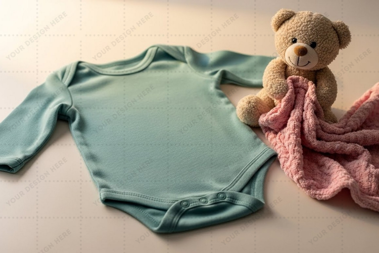 Baby blue long sleeve onesie with teddy bear and blanket moc