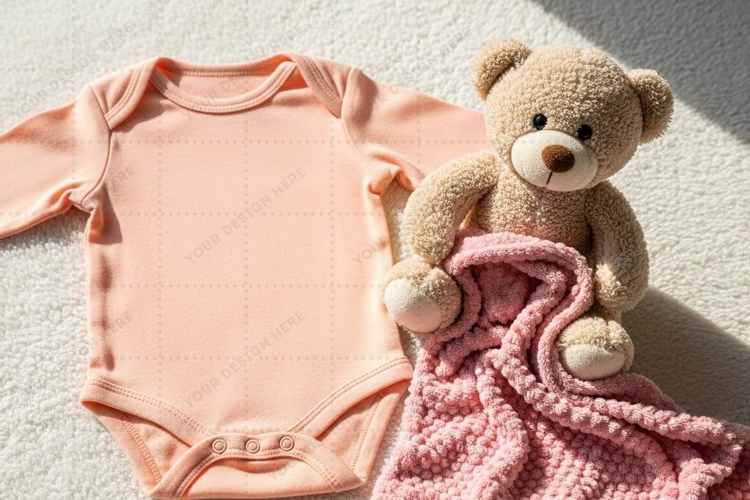 Peach baby onesie with teddy bear and blanket mockup