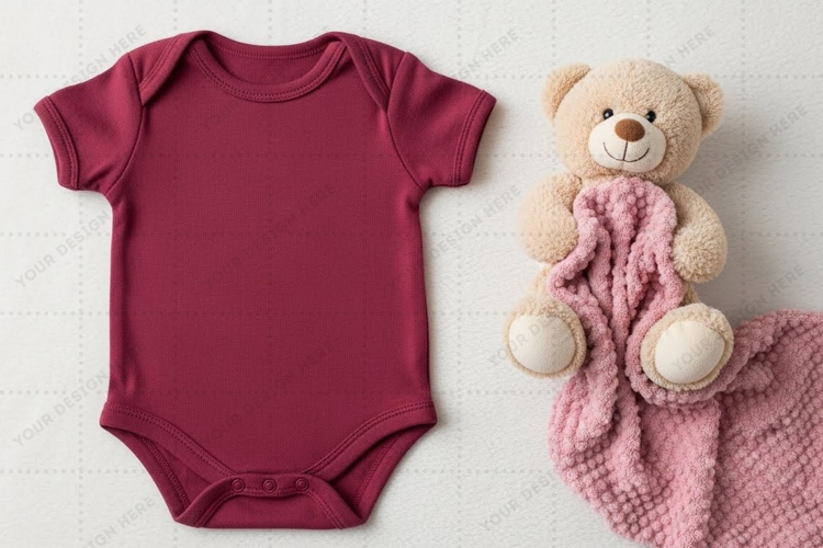 Maroon baby onesie with teddy bear and blanket mockup